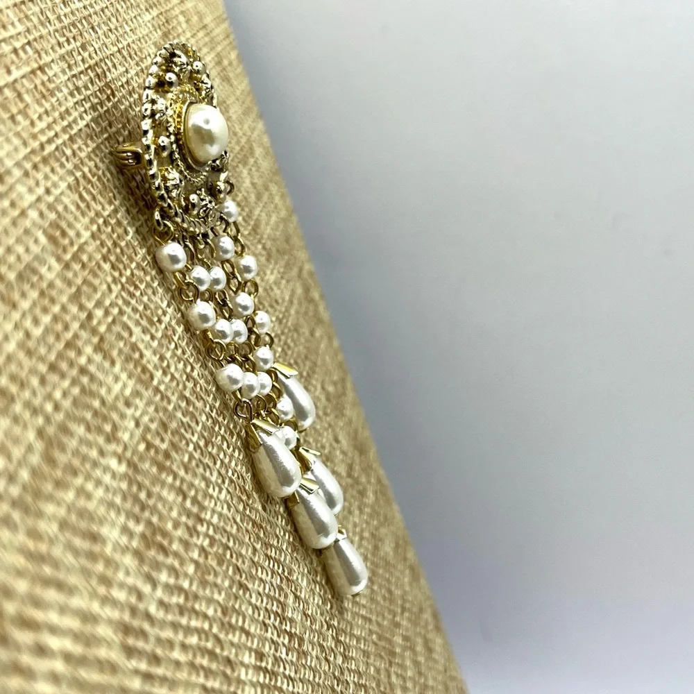 Gold Tone and  Pearl Brooch Waterfall Victorian Style Brooch Teardrop